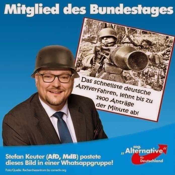 Post des Bundestagsabgeordneten Keuter in einer "Whatsapp"-Gruppe: Am liebsten mit dem Sturmgewehr gegen Flüchtlinge. Screenshot Whatsapp
