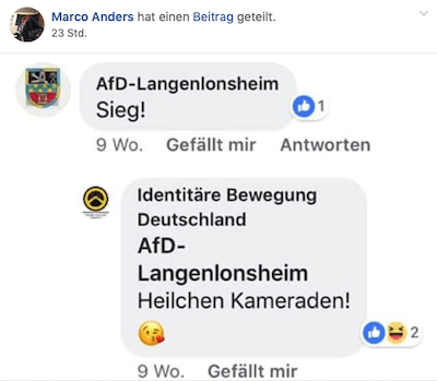 Ein Bildschrimfoto aus Facebook. Darauf steht von einem AfD-Vertreter das Wort "Sieg!". Darunter "Heilchen Kameraden" von einem, der sich als "Identitäre Bewegung Deutschland" zu erkennen gibt.