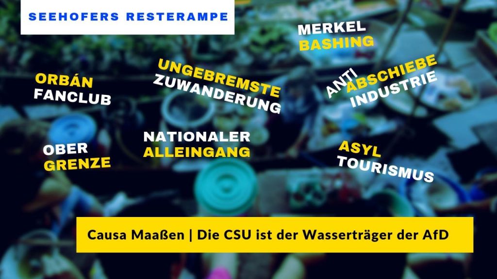 Hier werden politische Begiffe als "Resterampe" bezeichnet, die Seehofer und die CSU nutzen. Beispiele sind Worte wie Obergrenze, Anti-Abschiebe-Industrie, Asyltourismus und ungebremste Zuwanderung. Mithin Begriffe, die sonst nur von den Rechtsparteien benutzt werden.