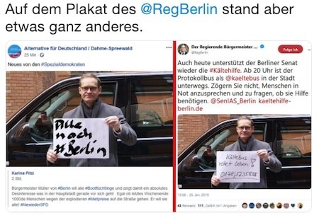 Die AfD fälscht ein Plakat, in dem behauptet wird, Berlin wolle alle möglichen Flüchtlinge einladen.