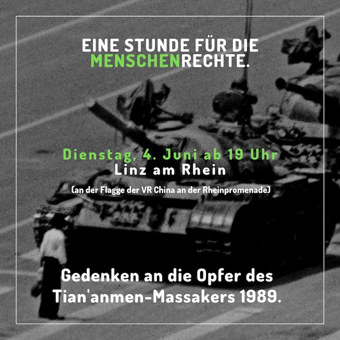 Aufrug zum Gedenken an die Opfer des Tiananmen-Massaker - am 4. Juni 2019 in Linz am Rhein an der chinesischen Flagge