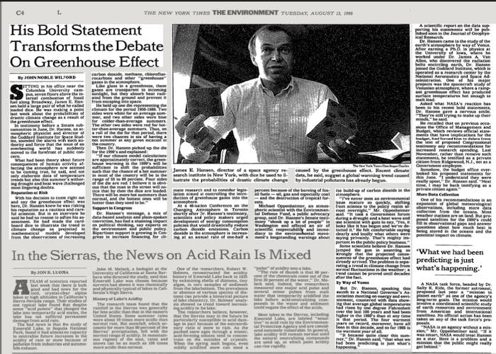 James Hansen über den Klimawandel in der New York Times 1988 | © NYTimes