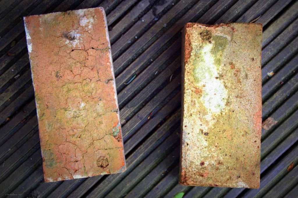 Zwei Zigelsteine liegen auf einem geriffelten Holzboden. Die Steine sind rotbraun, das Holz dunkelbraun. © Tom Rübenach