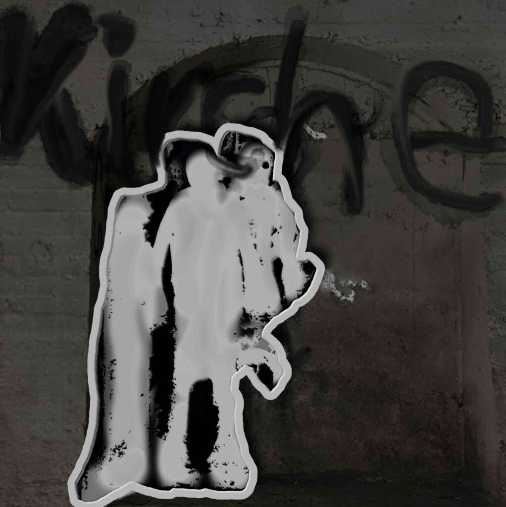 Vor einem schwarzen Hintergrund an einer Mauer stehen drei stilisierte, weiße Gestalten. Über und hinter ihnen steht das Wort "Kirche". Foto © Tom Rübenach