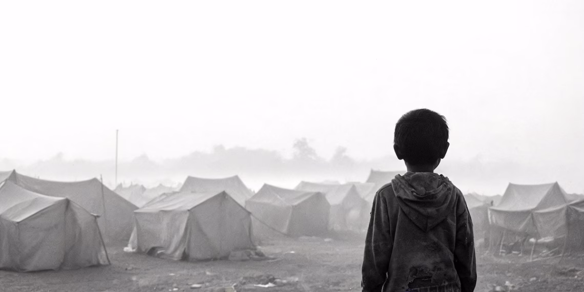 Ein Kind am Rand eines Flüchtlingslagers im Morgenlicht – Symbolbild zum Weltflüchtlingstag 2026
